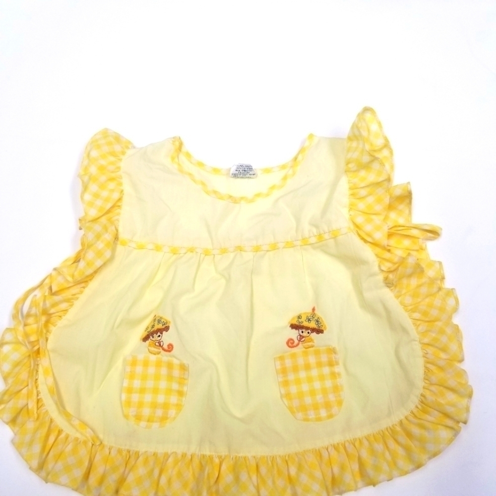 Vintage yellow 4t apron dress tie sides mushrooms  ruffles embroidery‎ gingham